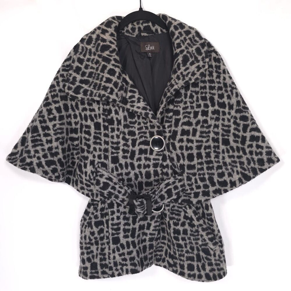 Luii Anthropologie SMALL Wool Blend Gray Black Leopard Coat Draped Sleeves